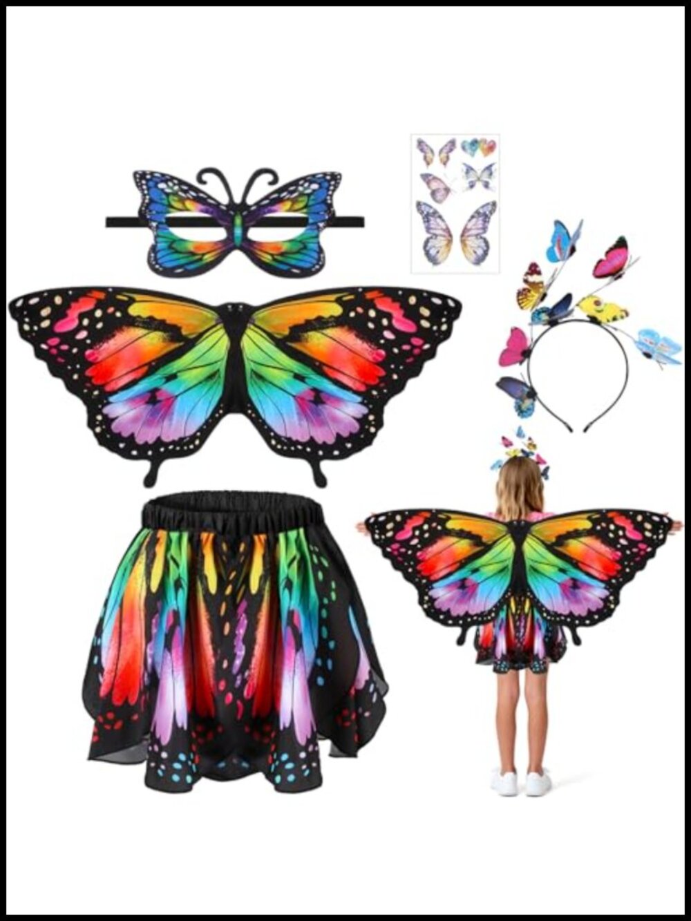 Girls Butterfly Costume Set 5 Pc Wings Skirt Mask Headband Halloween Pretend
